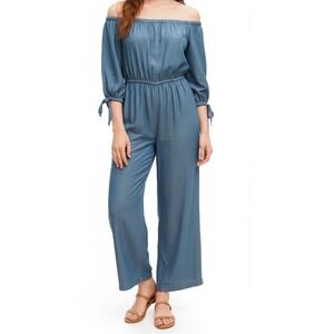 Magnolia Skye NWT Boho Off-Shoulder Jumpsuit with Tie Sleeves Blue‎ Chambray L